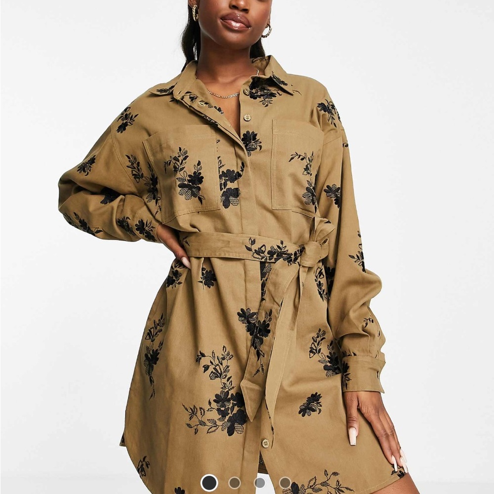Olive Floral Embroidered Shirt Dress